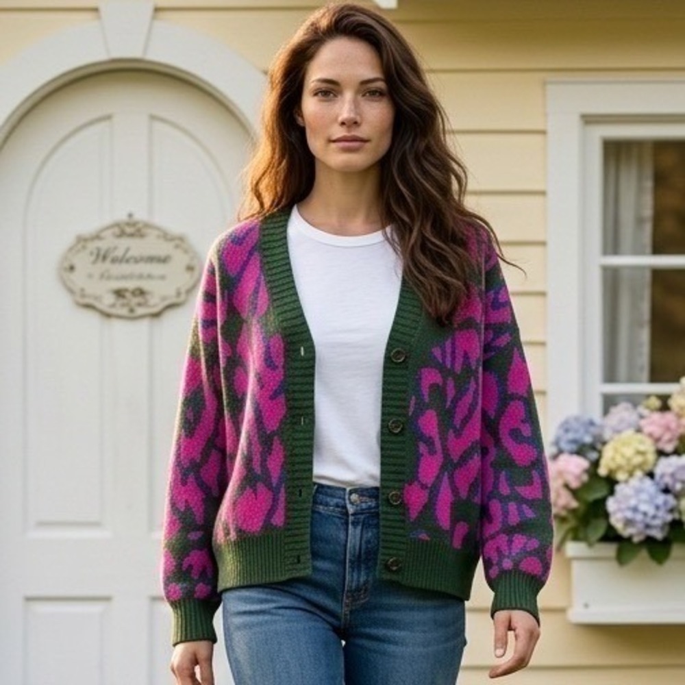 Umgee USA Pink Green Animal Print Button Front Cardigan‎ Sweater Medium Boho